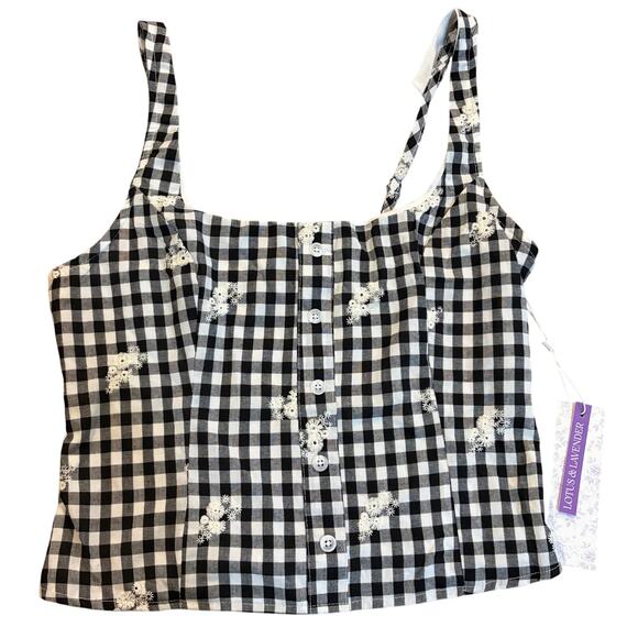 Lotus & Lavender Tan Top L Black White Gingham Floral Button Front Crop NWT - Picture 3 of 5